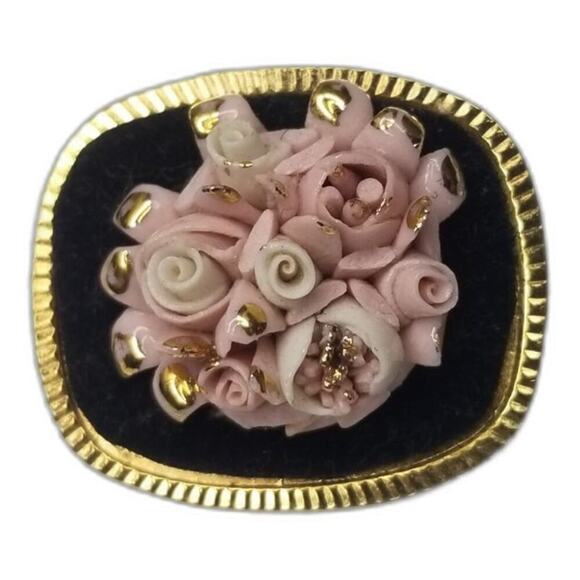 1980s Vintage Porcelain Roses Hand Painted Brooch Pin Porcelana Mercedes - Picture 2 of 7